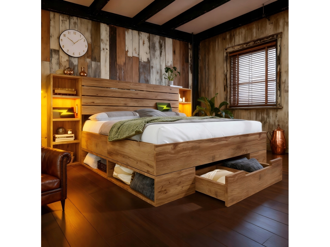 Cama Casal Arhatreya De Madeira Com Led, Usb C, Gavetas E Estrado (180x200 Cm Carvalho)