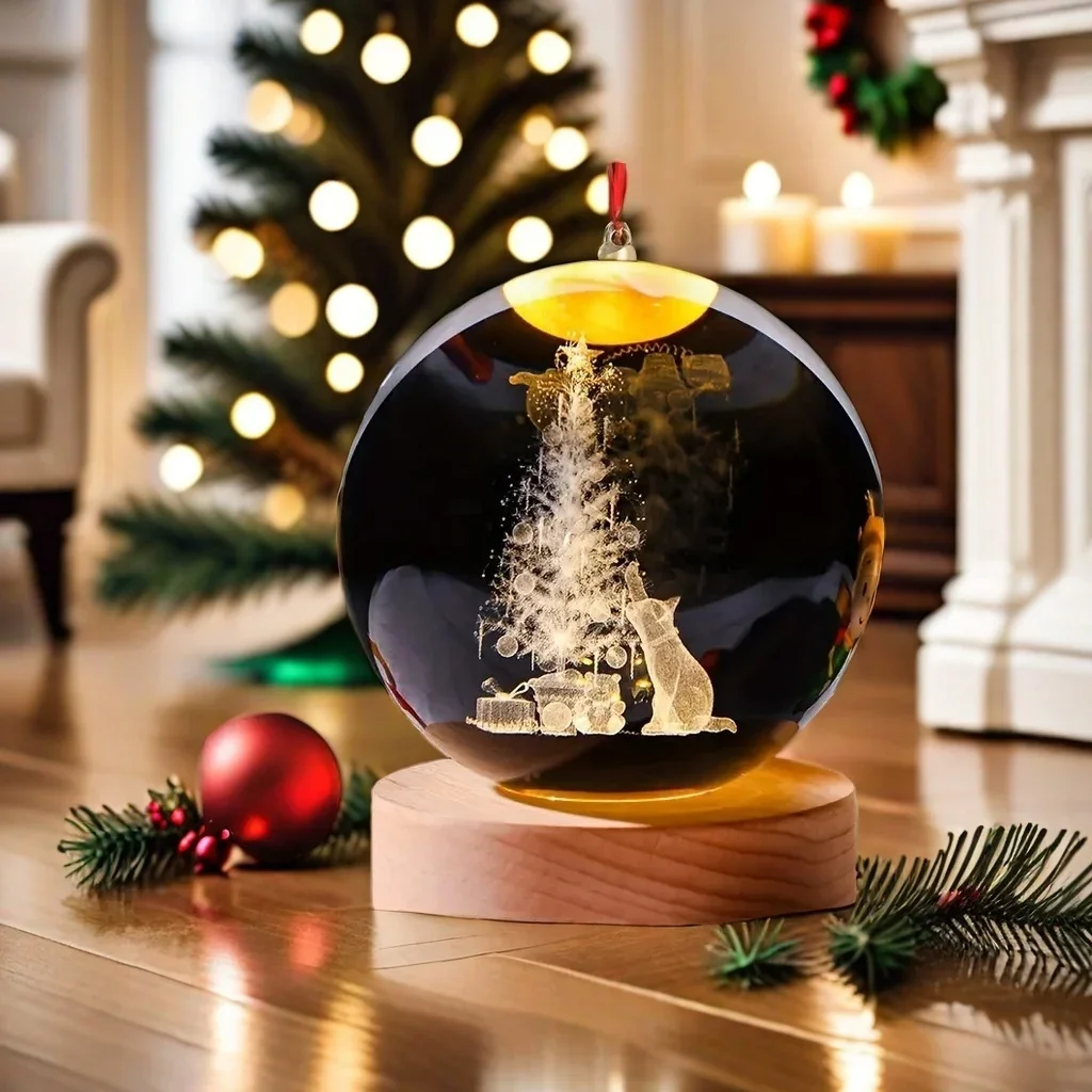Gatinho de Natal com Bola de Cristal Incrustada, Decoração para Casa MDUG (6 Cm)