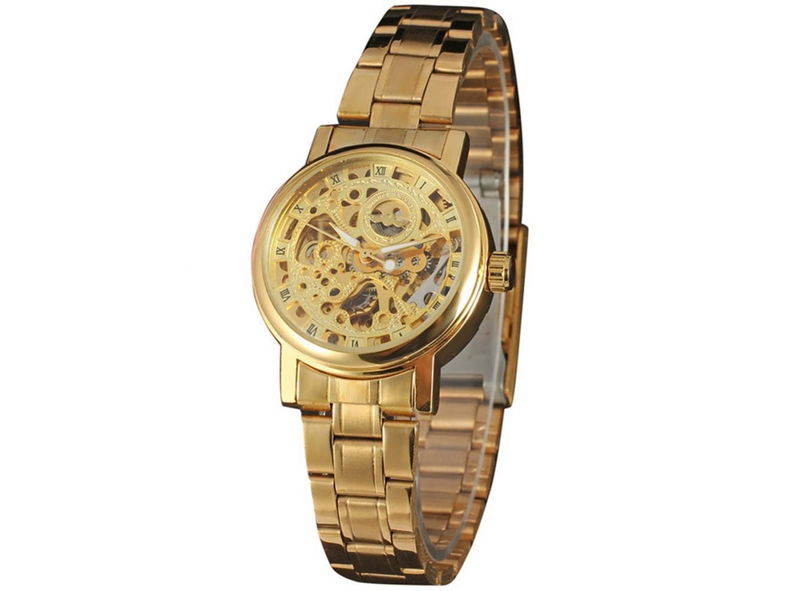 Relógio feminino automático de aço inoxidável com pulseira redonda (dourado)