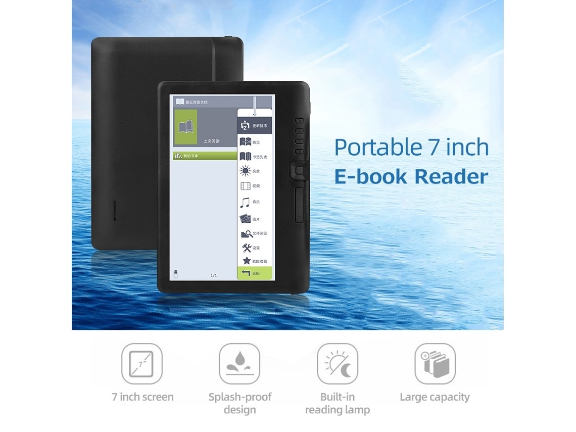 Leitor De E-books Multifuncional E Portátil De 7 Polegadas Com Capacidade De 8 Gb, Bateria De Longa Duração E Retroiluminação Dourada.