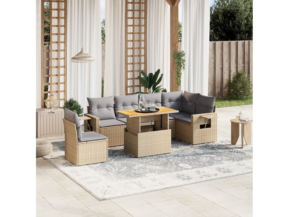 Conjunto de 7 Sofás para Jardim com Almofadas Vime Pe Bege Dkd Home Decor