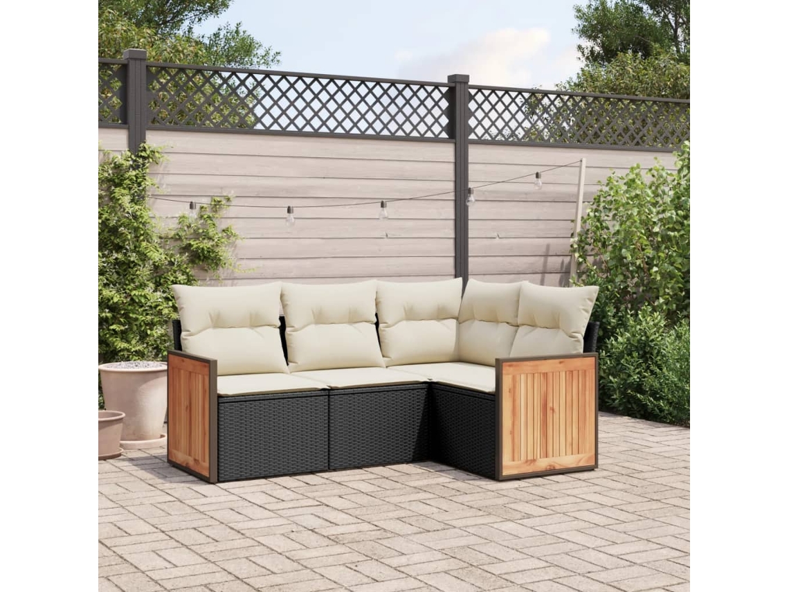 Vidaxl 4 Pcs Conjunto De Sofás Para Jardim C/ Almofadões Vime Pe Preto