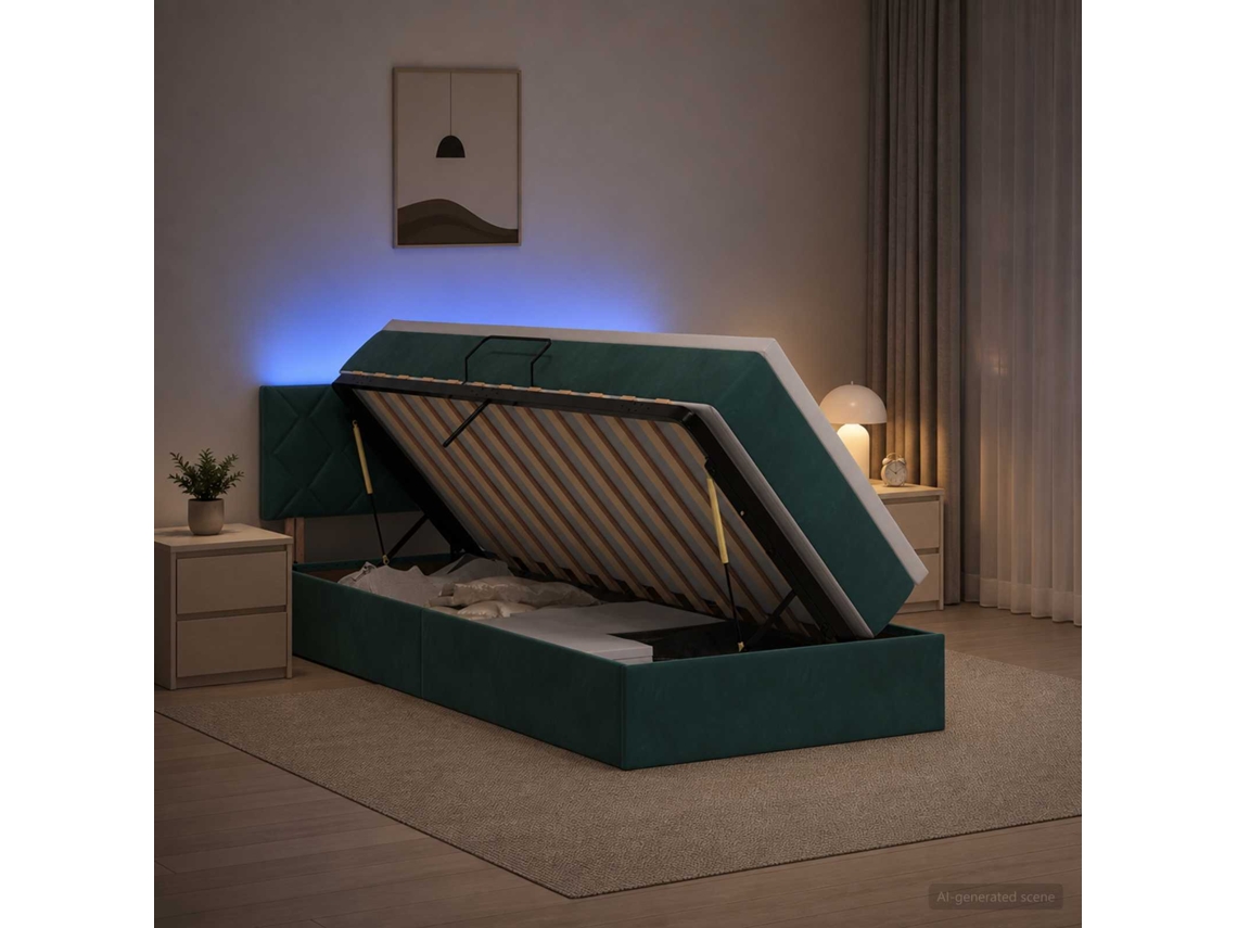 Vidaxl Cama De Armazenamento Led Com Colchão Verde-escuro 90 X 190 Cm