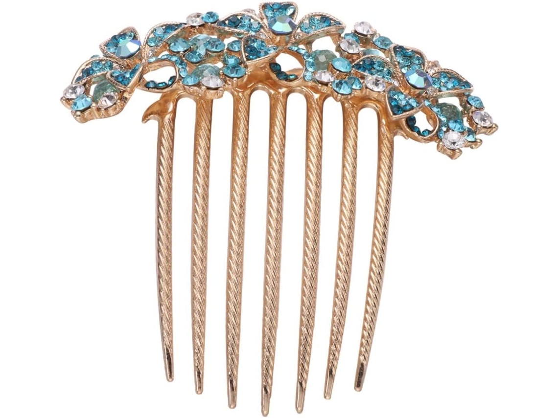Pente De Cabelo Feminino Com Strass Azul E Cristais - Acessório De Cabelo Elegante E Ornamentado