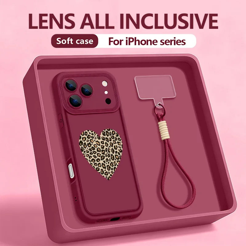 Capa Para Iphone 16 Pro Max Com Estampa De Leopardo E Corações, Cor Bordô, Com Cordão E Alça De Pulso.