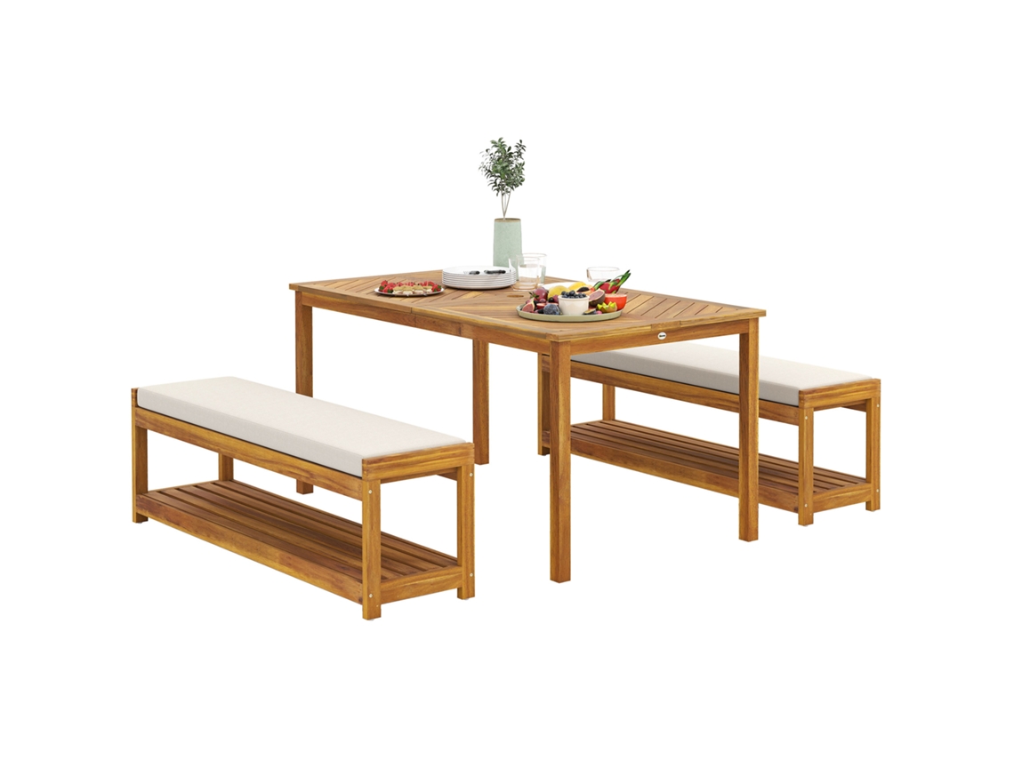 3 Peças Conjunto Móveis Jardim, Mesa Jantar+buraco Guarda chuva+2 Bancos Teca, 150x85x75cm pt
