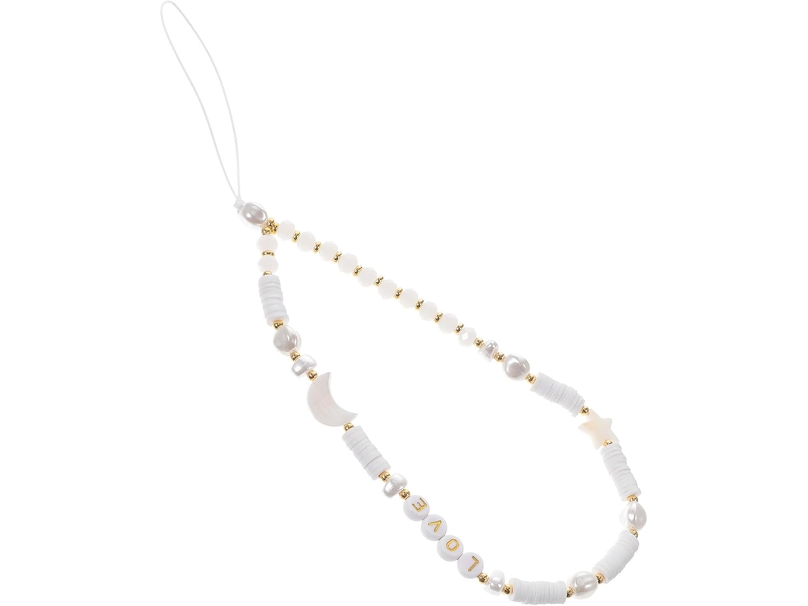 Pulseira Delicada De Argila Polimérica Branca Com Miçangas E Desenhos De Lua E Estrela Para Celular E Capa.