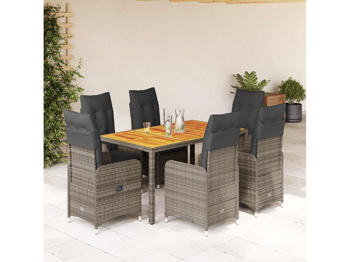 Vidaxl 7 Pcs Conjunto Bistrô De Jardim C/ Almofadões Vime Pe Cinza