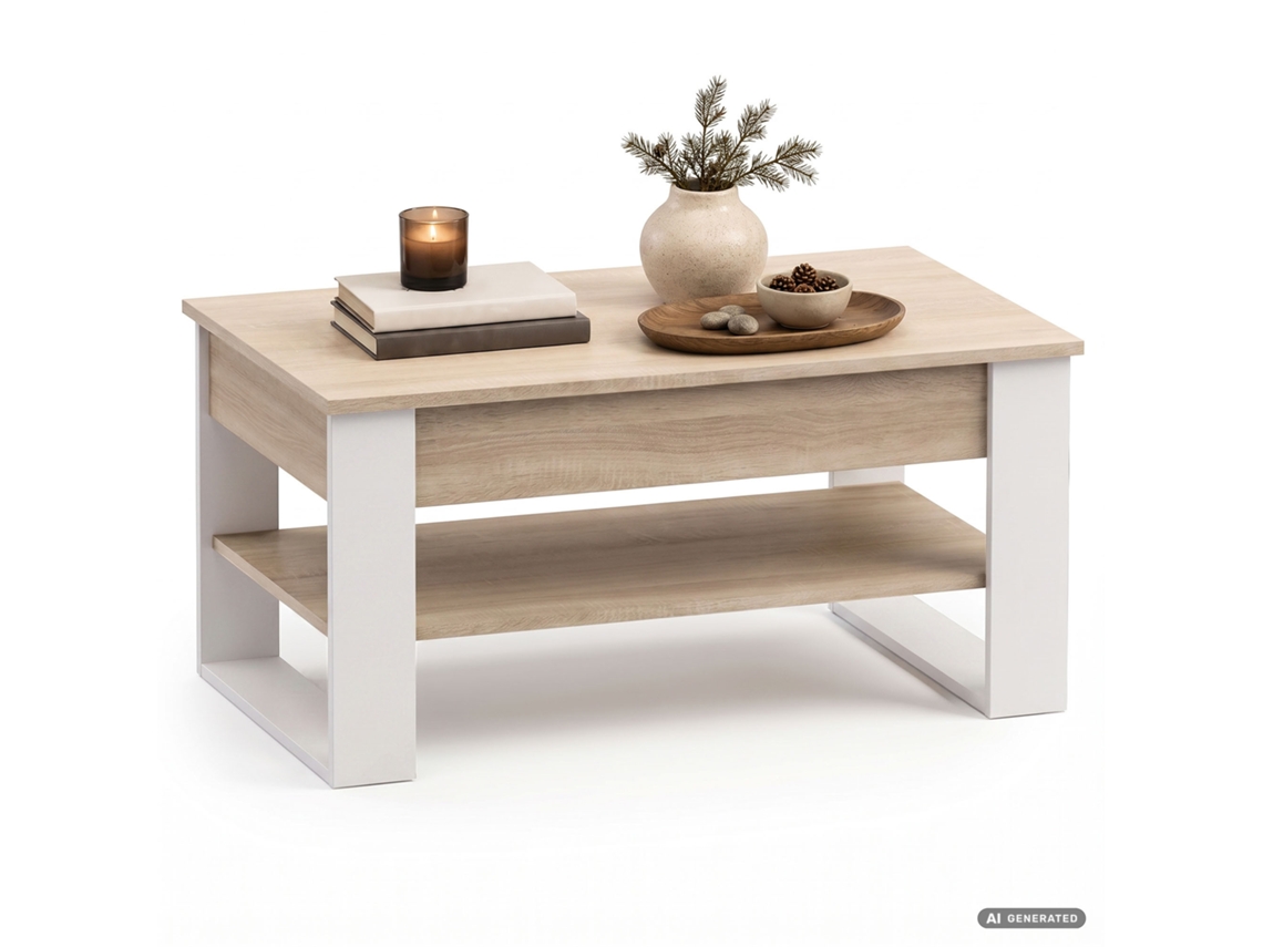 Mesa De Centro Elevatória Denver 92 Cm Retangular Com Prateleira Carvalho Sonoma E Pernas Brancas
