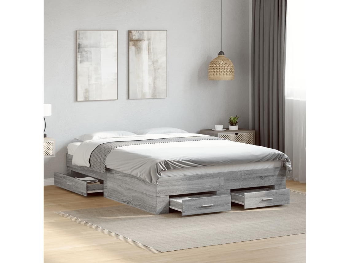 Estrutura De Cama C/ Gavetas Derivados Madeira Cinza Sonoma