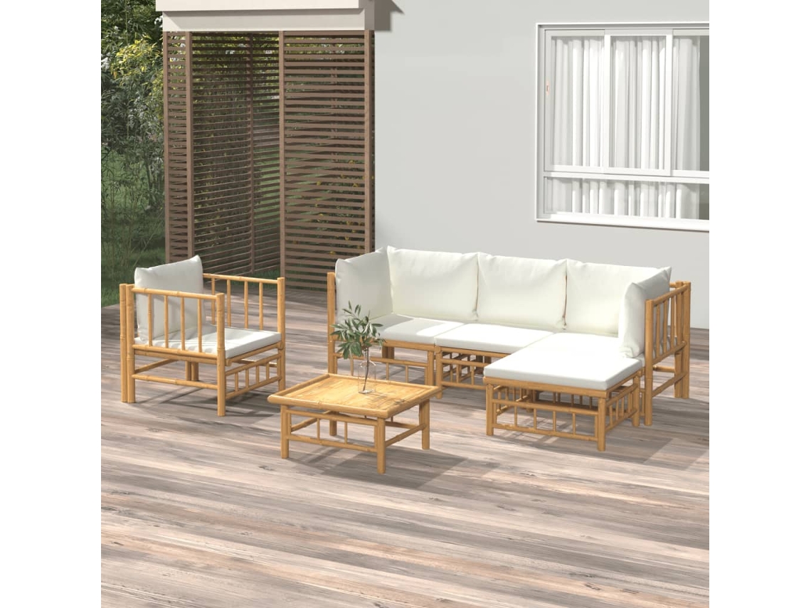 Vidaxl 6 Pcs Conjunto Lounge De Jardim Bambu C/ Almofadões Branco Nata