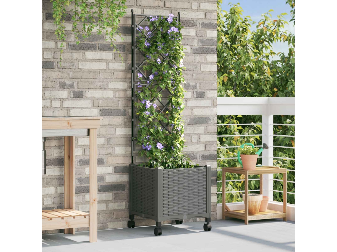 Vidaxl Vaso De Jardim Com Treliça E Rodas Cinzento-claro Pp