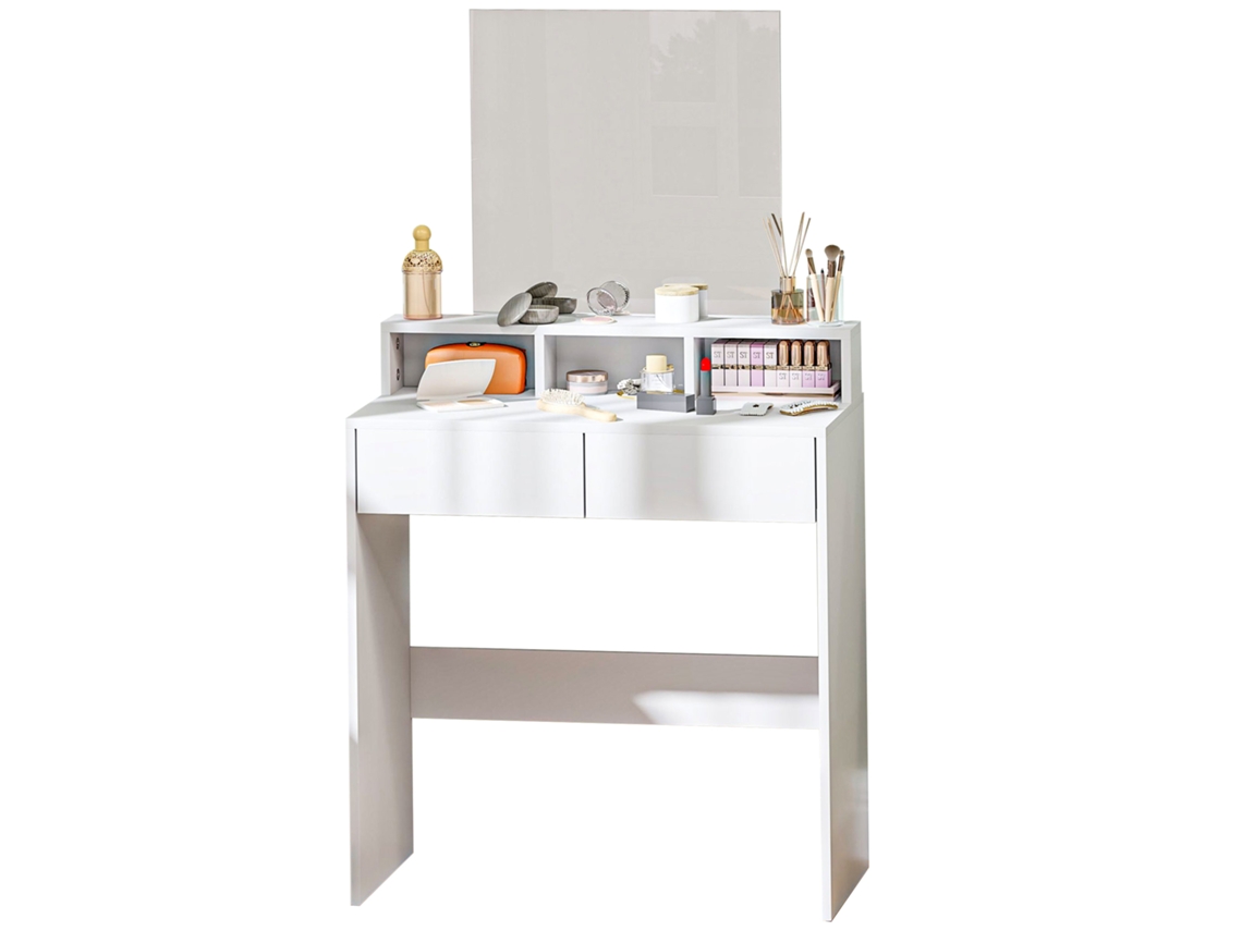 Penteadeira com Espelho, Mesa, 2 Gavetas, 3 Compartimentos, Estilo Moderno, 75x38x135cm, Branco, PONTOCASA