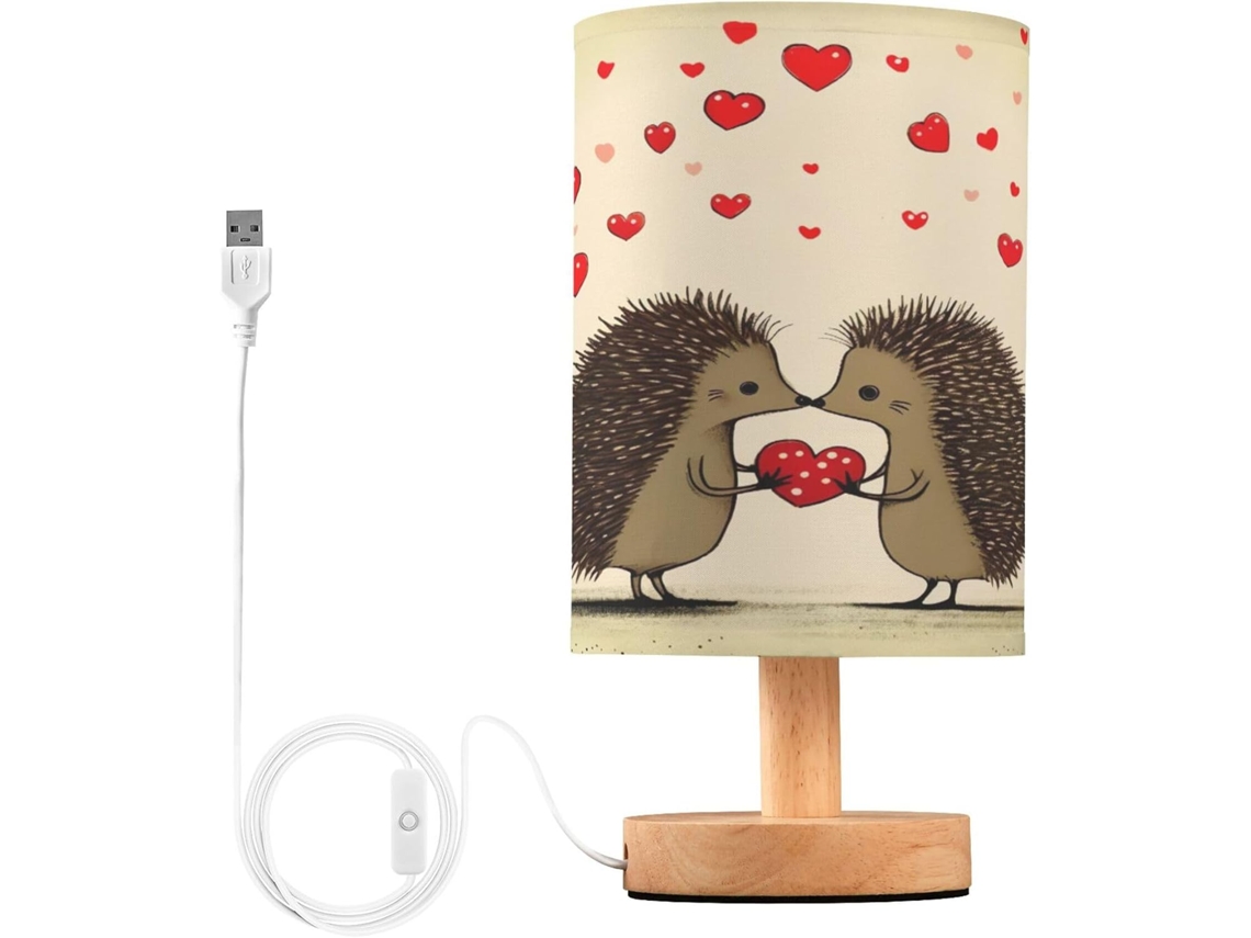 Luminária De Cabeceira Led Happy Hedgehogs Para Quarto, Luminária De Leitura Com Cúpula Tecido, Base De Madeira E Porta