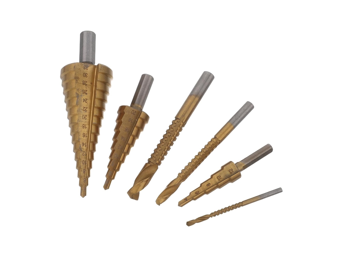 Conjunto De 6 Brocas Escalonadas Hss De 3 A 32 Mm Para Furar, Escarear, Fazer Furos Cônicos E Espira Gokoco