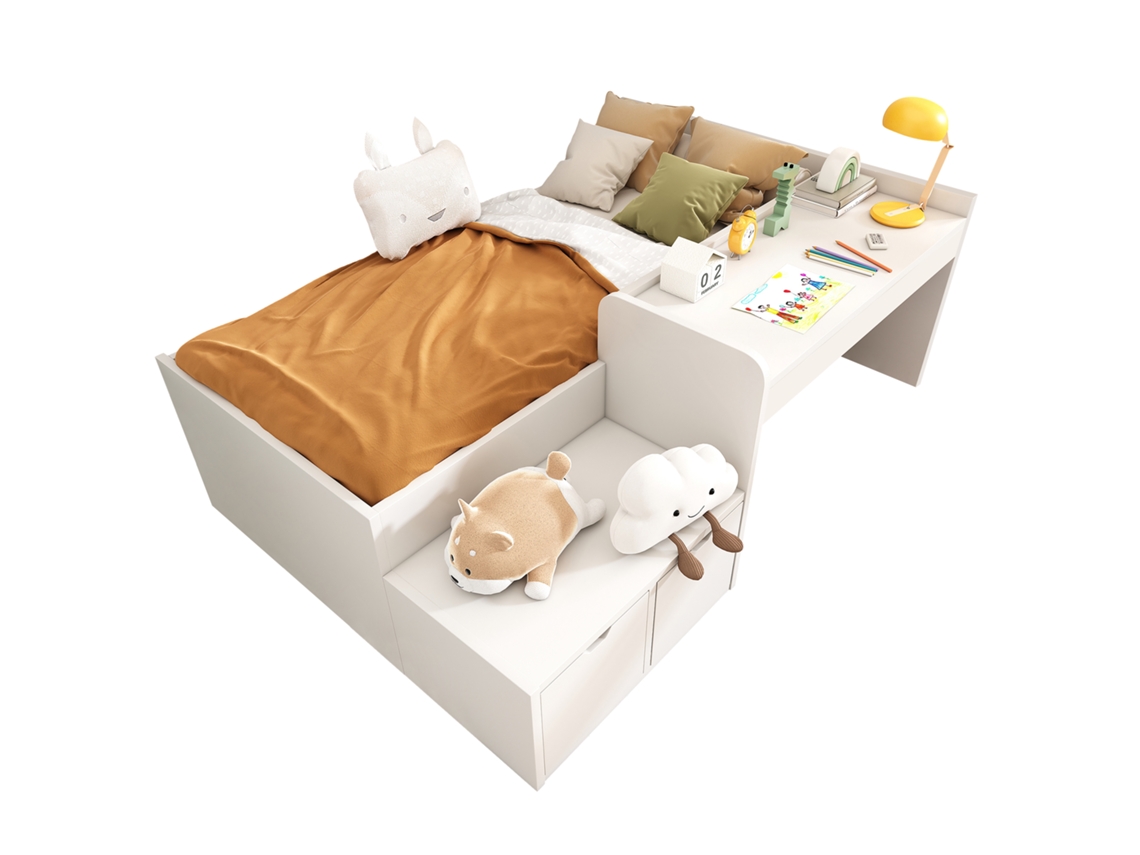Cama Infantil de Solteiro em Madeira Maciça com Escrivaninha,gavetas e Espaço para Armazenamento,90x200 Cm,branca PAPRIKA