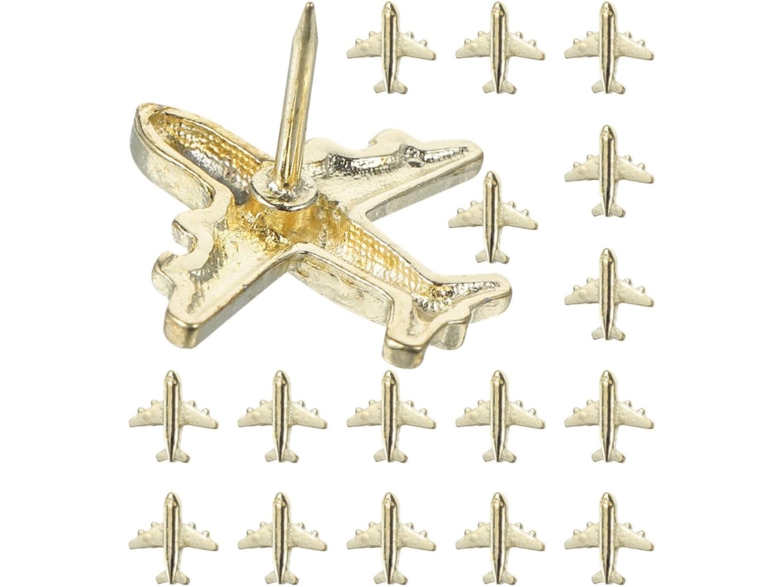 Tachinhas de Metal Dourado em Formato Avião para Cortiça Quadros, 30 Unidades, Design Seguro para Fixação de Mapas e Objetos