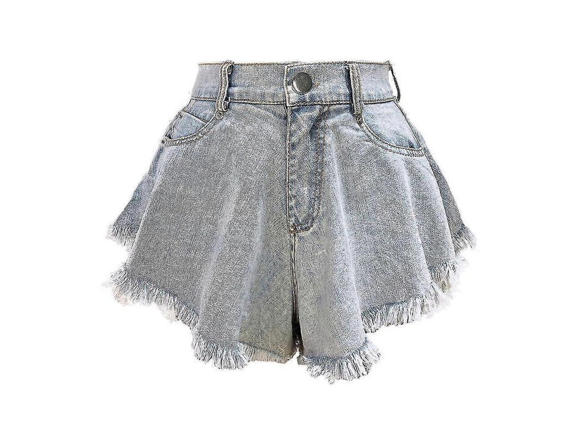 Shorts Jeans De Alta Qualidade De Cintura Alta Solto Rasgado Com Franja Cor Jeans Clara Sexy