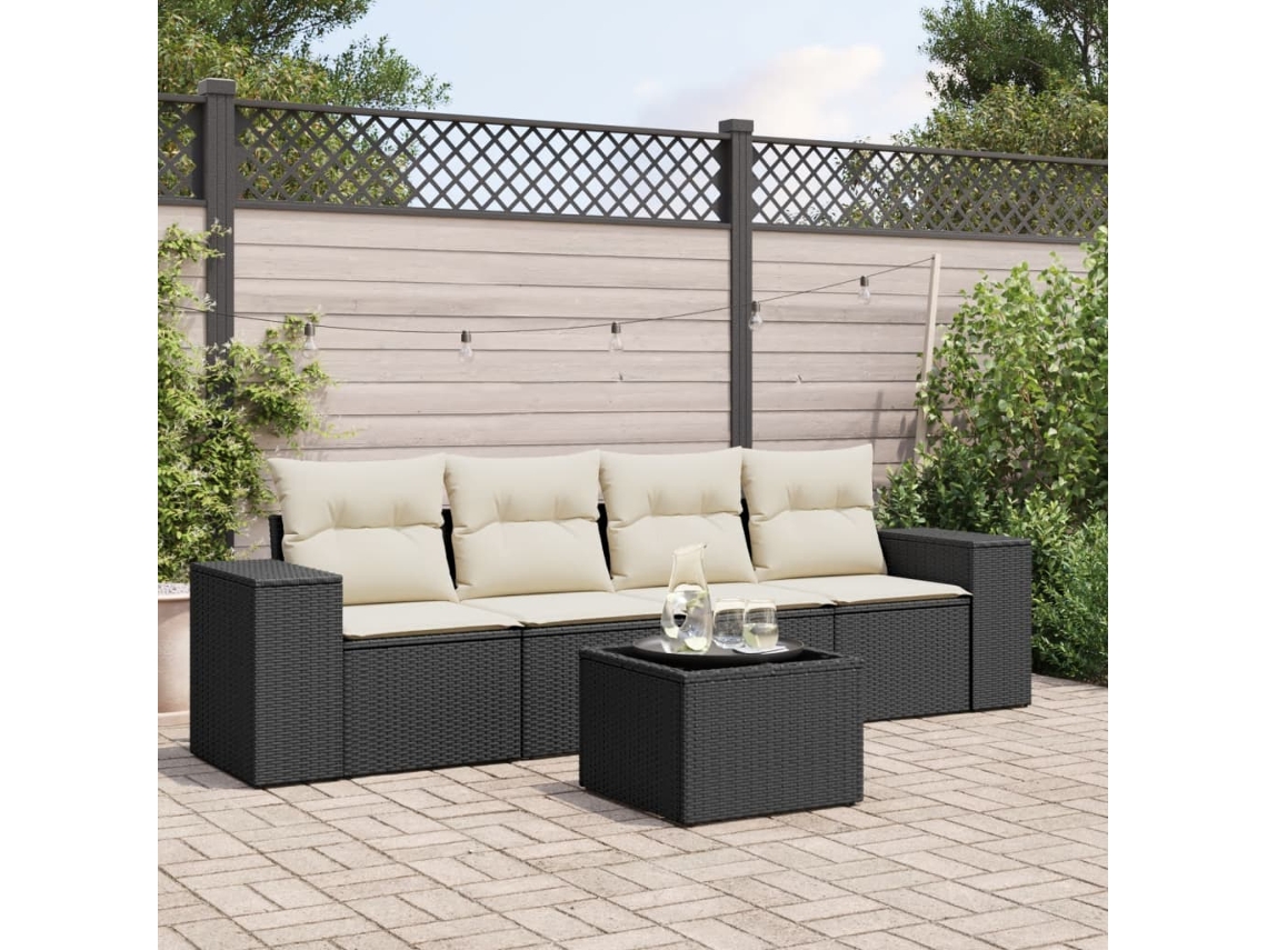 Vidaxl 5 Pcs Conjunto Sofás De Jardim Com Almofadões Vime Pe Preto