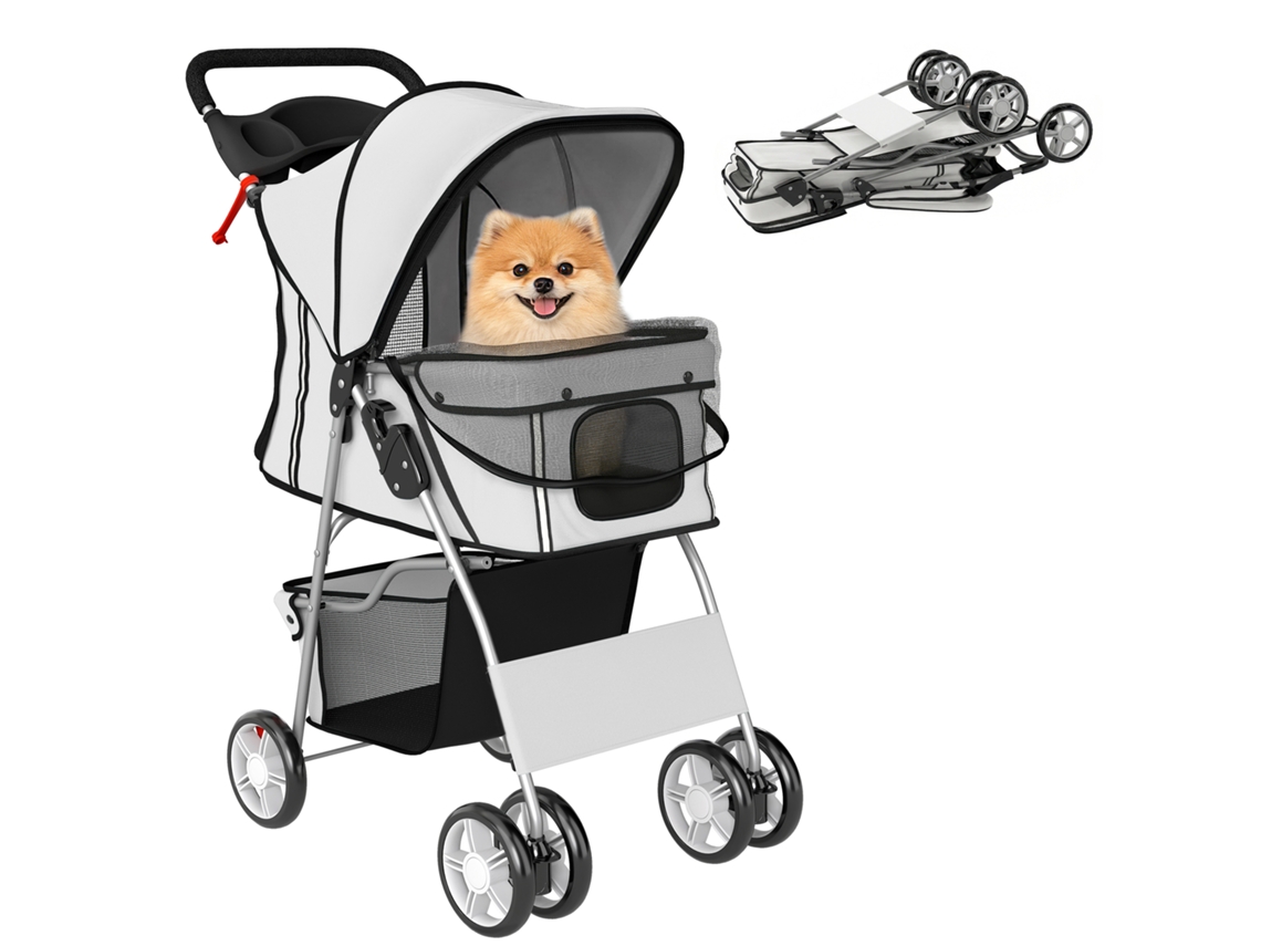 Carrinho para Cães Pequenos NOVAVEST com cesto de armazenamento, porta copos, rodas e almofada lavável, 77x44x102 cm, cinza