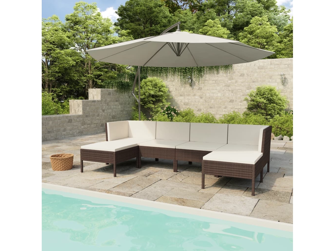 Vidaxl 6 Pcs Conjunto Lounge Jardim C/ Almofadões Vime Pe Castanho