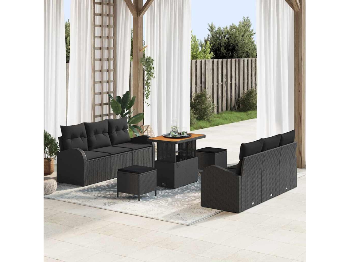 Vidaxl Conjunto De Sofá De Jardim Com Almofada 9 Pcs Preto