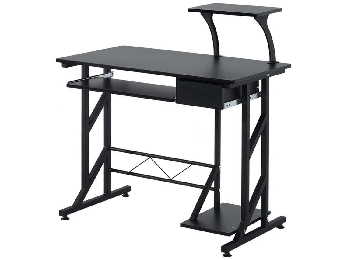 Mesa de computador compacta em aço e madeira, preta, com gaveta e prateleira retrátil para teclado, 90x50x100 cm BTFORUS