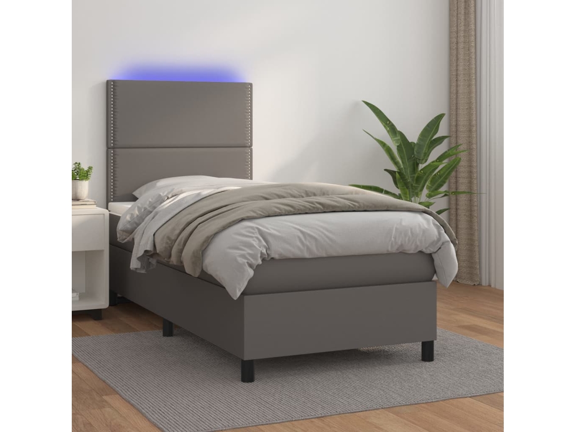 Vidaxl Cama Box Spring C/ Colchão/led 100x200cm Couro Artificial Cinza