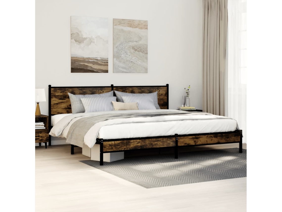 Estrutura De Cama Sem Colchão 200x200cm Metal Carvalho Fumado