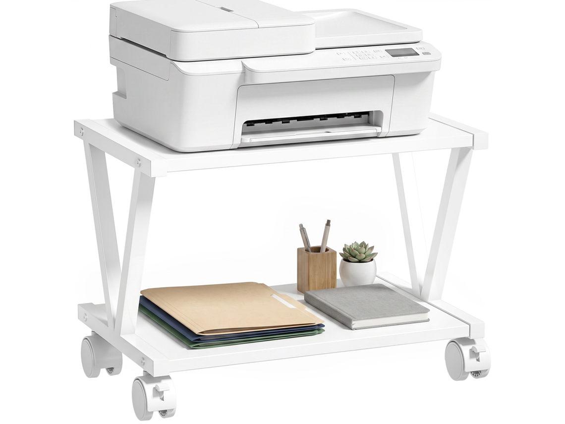 Suporte Para Impressora De 2 Níveis Para Debaixo Da Secretária Com Rodas Com Travão 44x28x32 Cm Branco