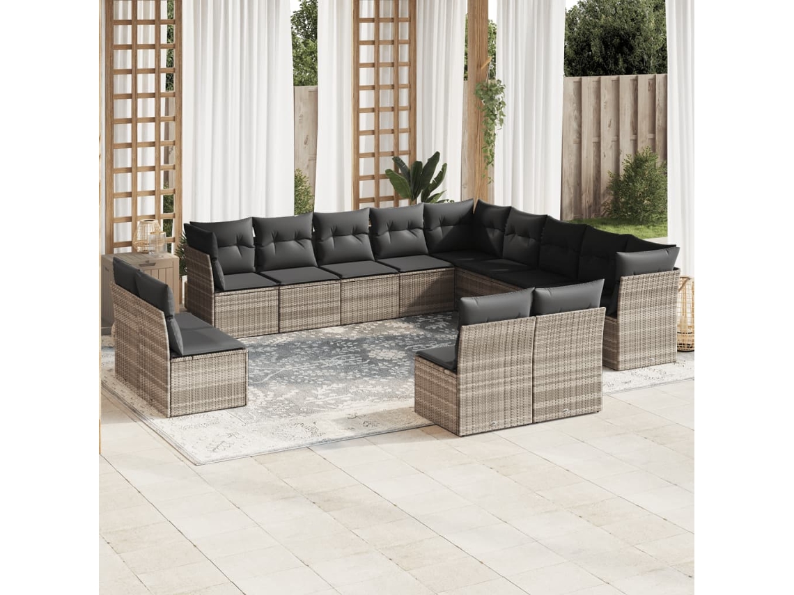 Vidaxl 13 Pcs Conj. Sofás Jardim C/ Almofadões Vime Pe Cinzento-claro
