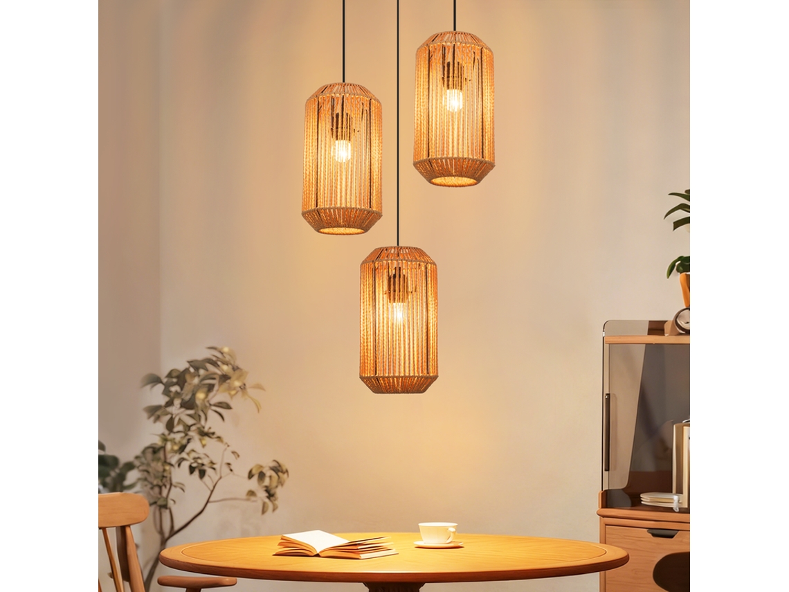 Luminária pendente NETTLIFE Boho em rattan para mesa de jantar com 3 lâmpadas E27, altura ajustável, estilo retrô (lâmpadas não incluídas)