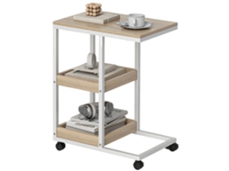 Mesa Lateral, Design Em C, Prateleiras Abertas, Natural E Branco