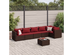 Conjunto 7 Peças Lounge De Jardim C/ Almofadões Vime Pe Castanho Dkd Home Decor
