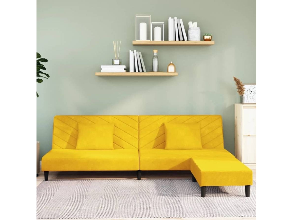 vidaXL Sofácama de 2 lugares c/ 2 almofadas/apoio pés veludo amarelo Worten.pt