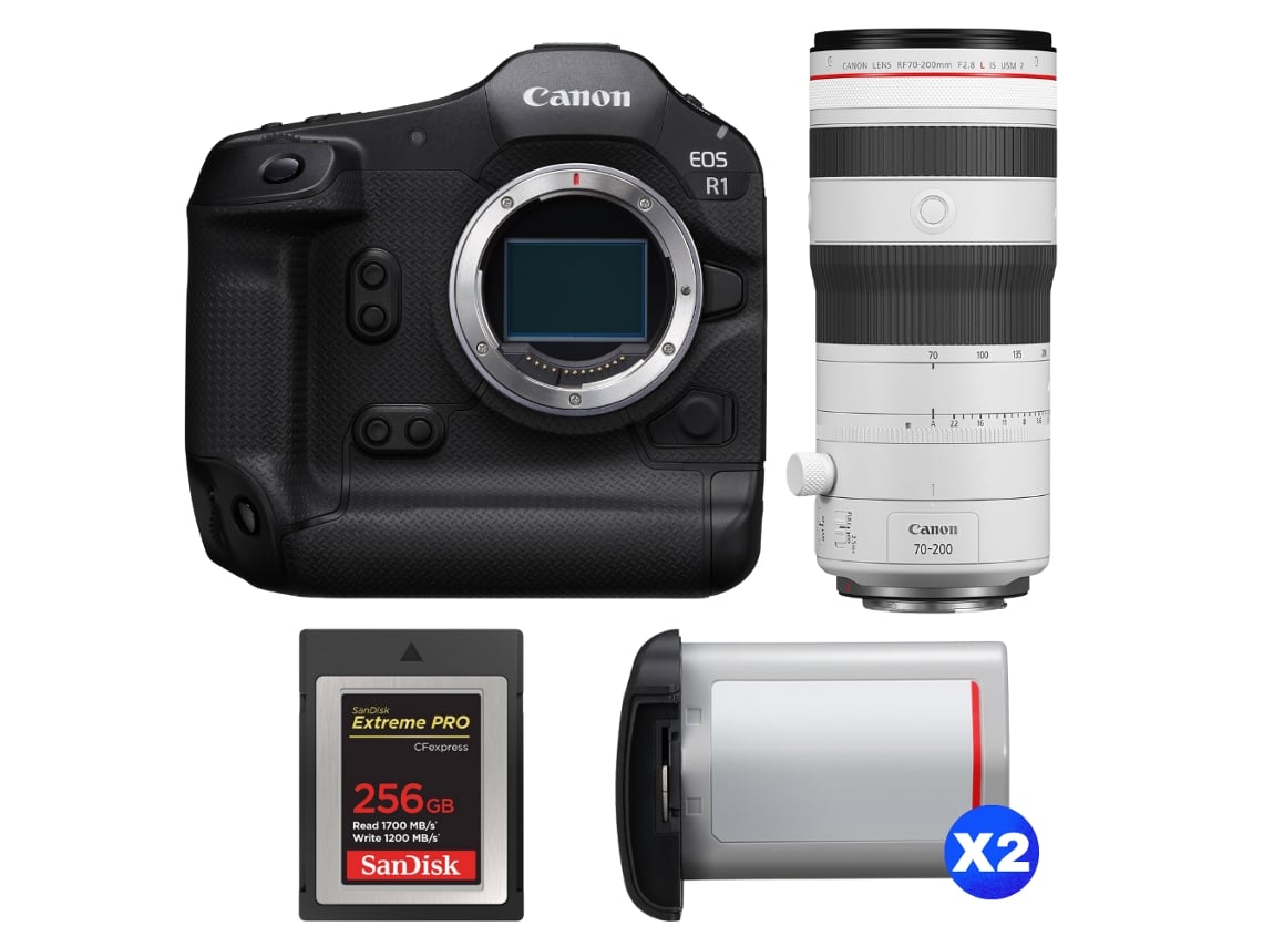 Eos R1 + Rf 70 200mm F/2.8 L Is Usm Z Branco + 1 Sandisk 256gb Extreme Pro Cfexpress Type B + 2 Canon Lp e19 + Ebook Pricedirect CANON