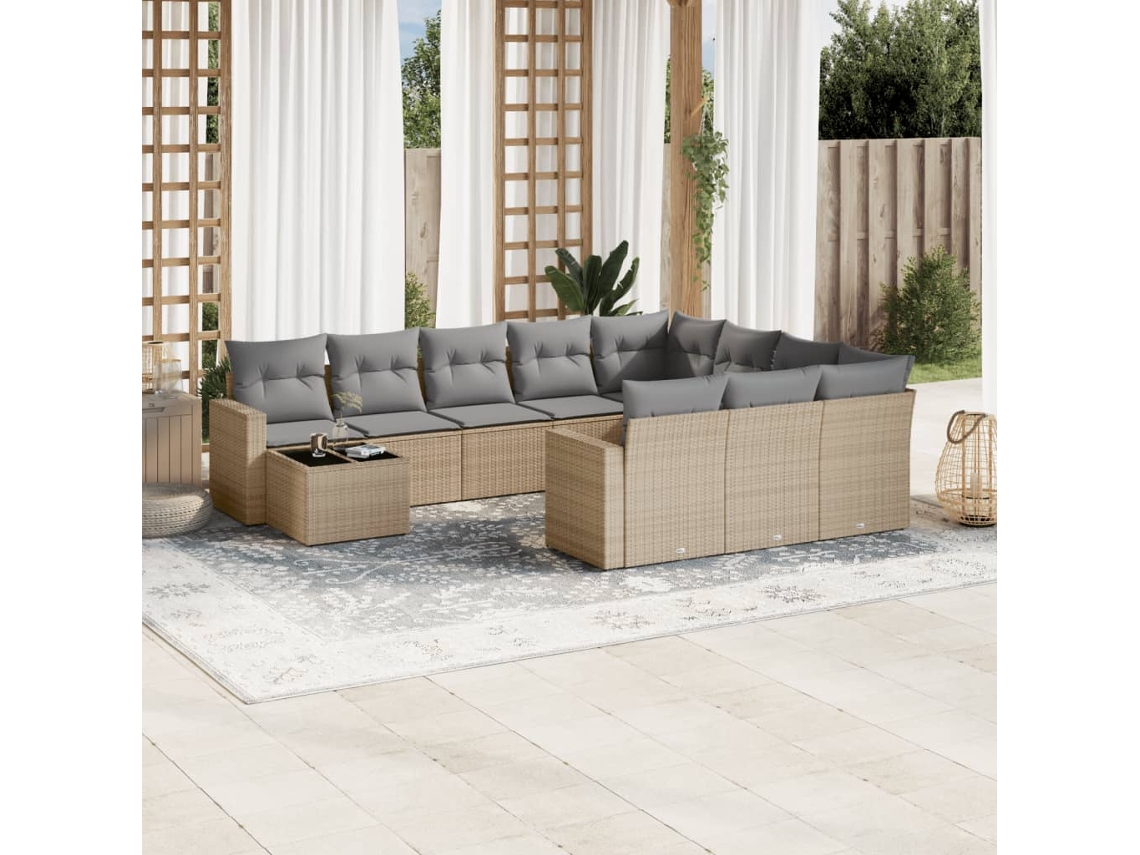 Vidaxl 11 Pcs Conjunto Sofás de Jardim C/ Almofadões Vime Pe Bege