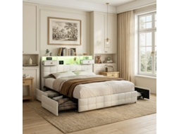 Cama Estofada Casal 140x200 Cm Com 4 Gavetas De Arrumação, Iluminação Led, Cabeceira Com Prateleira, Cama Com Arrumação E Usb, Beige