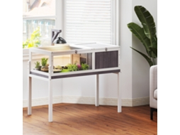 Casa para Tartarugas em Madeira Terrário Répteis com 2 Tetos Articulados Bandeja Removível Supte P/ Lâmpada 104x53x82 Cm Branco e Cinza