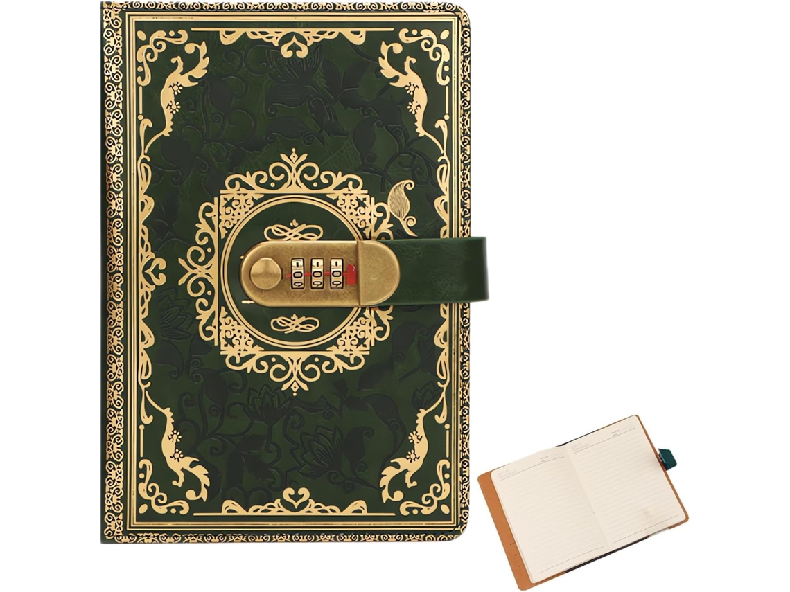 Caderno vintage em couro sintético com fecho de combinação e capa estampada | Diário retrô requintado com 100 folhas (200 páginas)