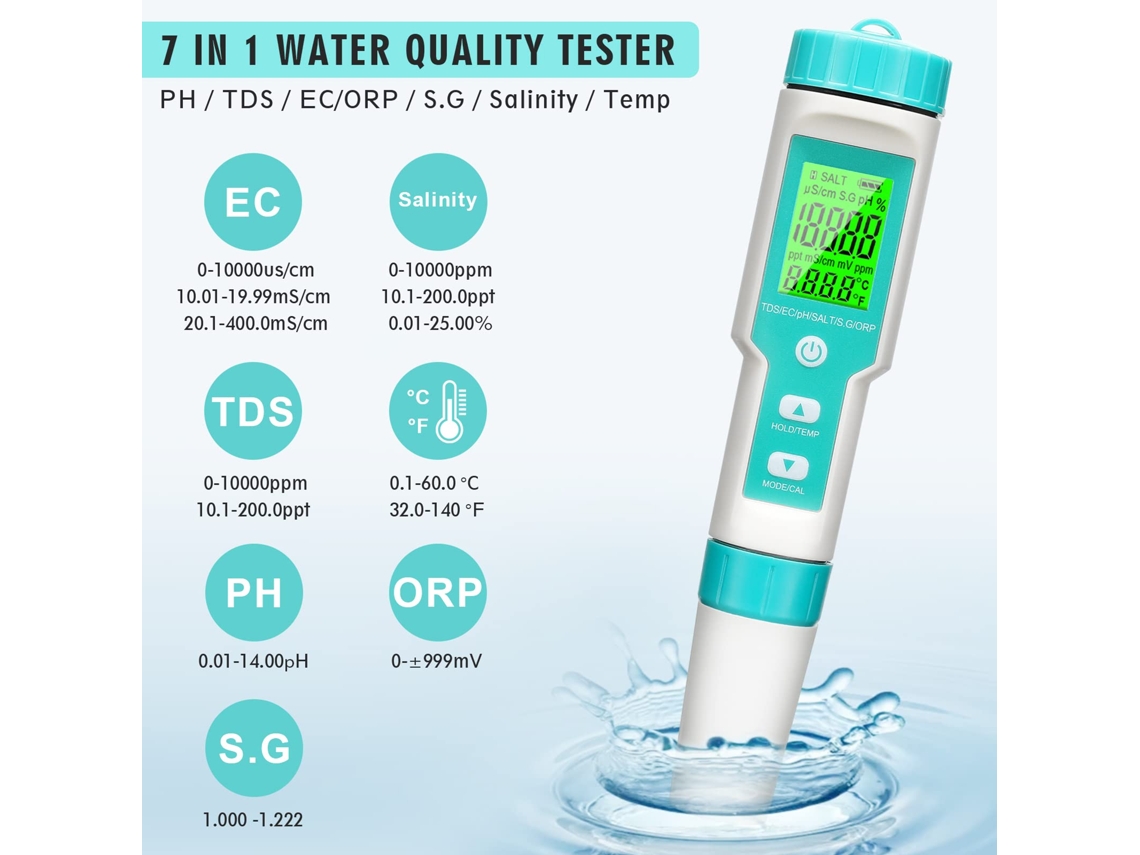 Medidor De Ph Digital, 7 Em 1: Ph/tds/ec/orp/sg/salinidade/temperatura