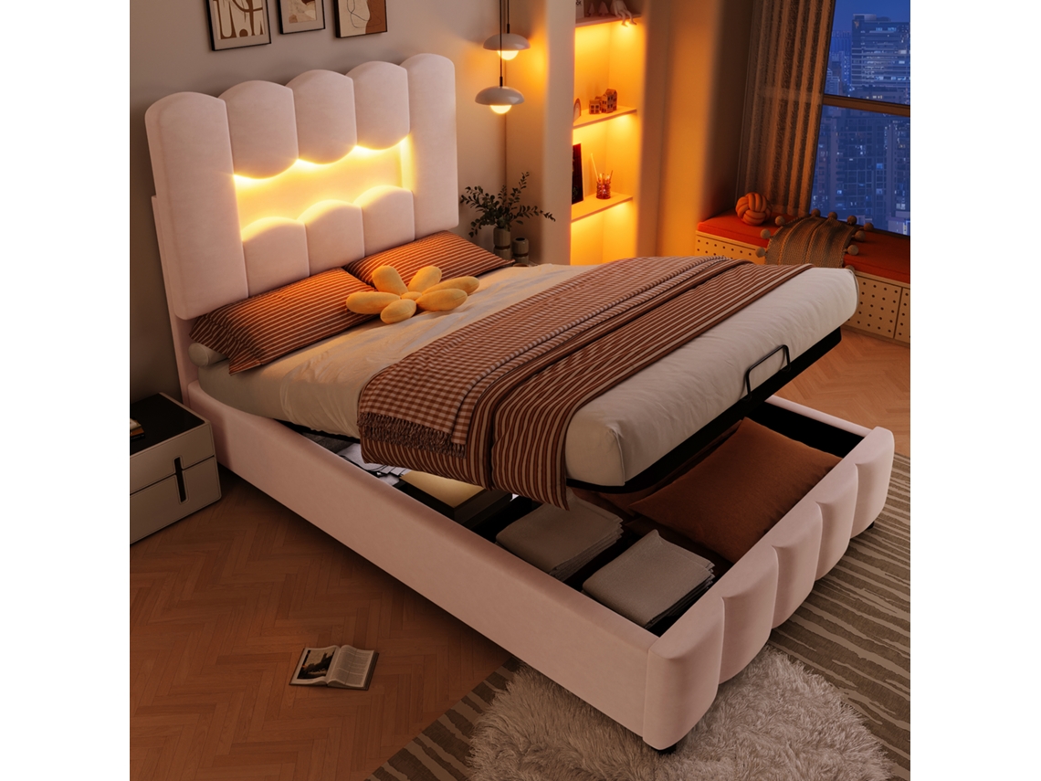 Cama Box 90x200 Cm Seda Rosa Led Hidráulica Ajustável Sem Colchão