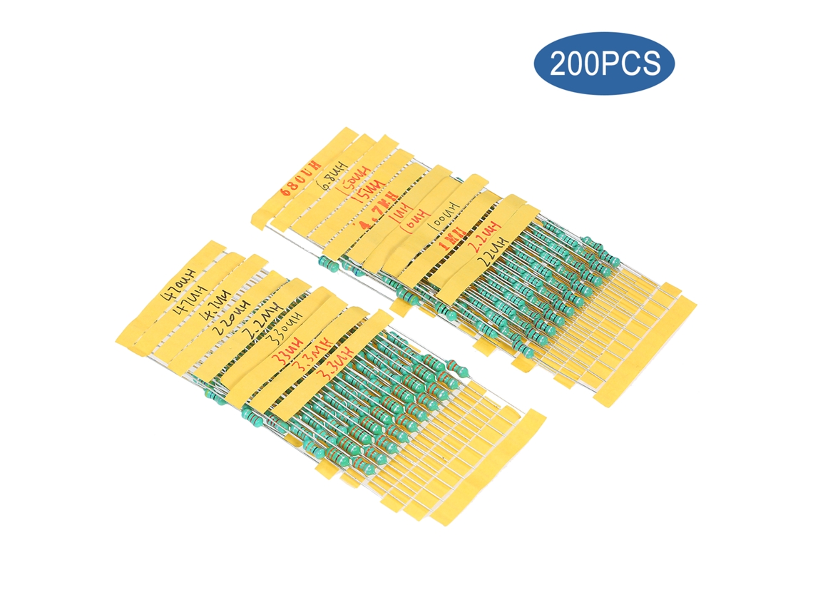 Hkj kit de 200 Indutores Dip com Anel Cromático, 1w, Tolerância ±10%, 1/10/100/2.2/22/220/3.3/33/330/4.7/47/470/6.8/680/15/150μh, 1/2.2/3.3/4.7mh