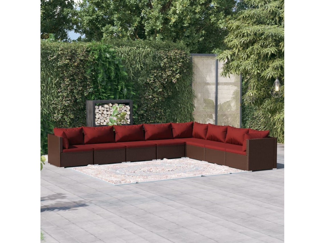 Vidaxl 8 Pcs Conjunto Lounge Jardim C/ Almofadões Vime Pe Castanho