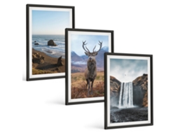 Composição De Quadros Paisagens De Montanha Com Cachoeira Moldura Preta Fotos Para O Escritório Espelharte (3 Piezas De 40x60 Cm)