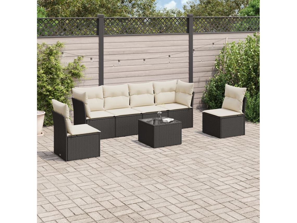 Vidaxl 7 Pcs Conjunto De Sofás P/ Jardim C/ Almofadões Vime Pe Preto