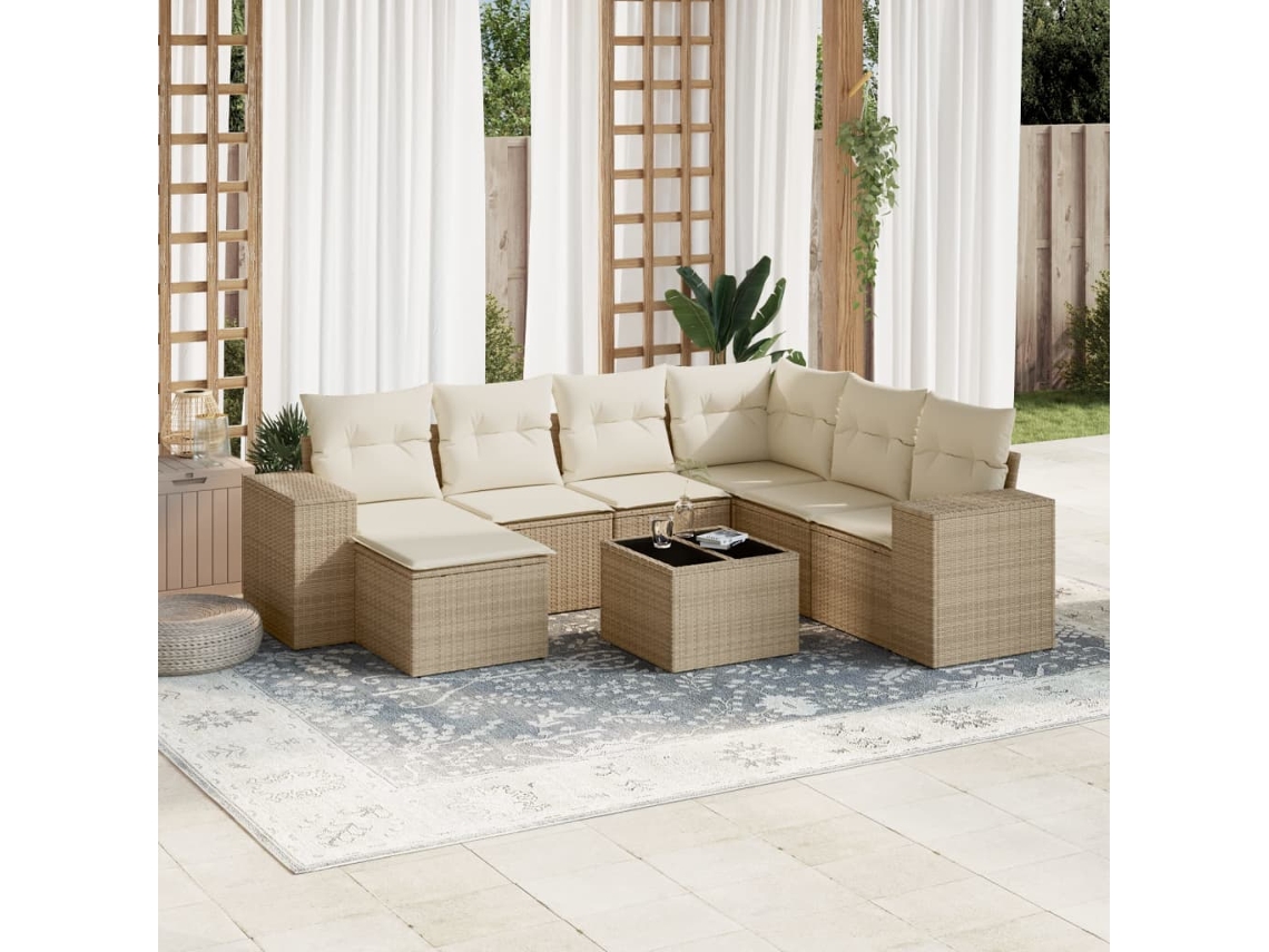 Vidaxl 8 Pcs Conjunto De Sofás P/ Jardim Com Almofadões Vime Pe Bege