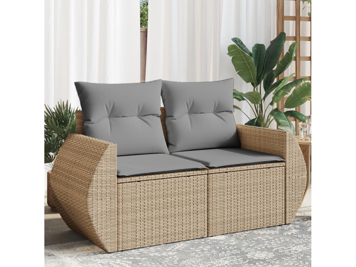 Vidaxl Sofá De Jardim De 2 Lugares Com Almofadões Vime Pe Bege