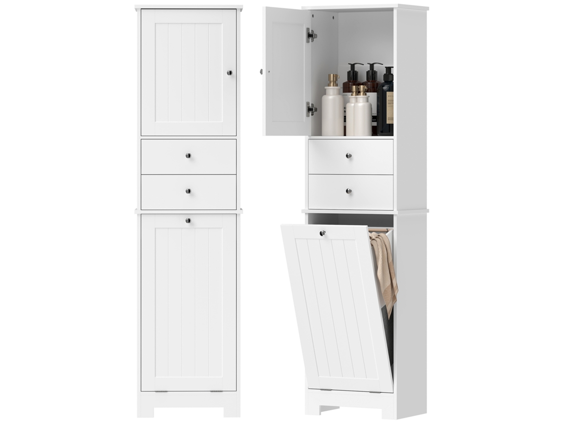 Armário de banheiro móvel com cesto para roupa suja, 2 gavetas e dobrável (45x30x171 cm) branco BTFORUS