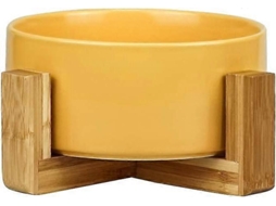 Tigela Amarela de Cerâmica para Gatos com Suporte de Madeira AQUAFORGE